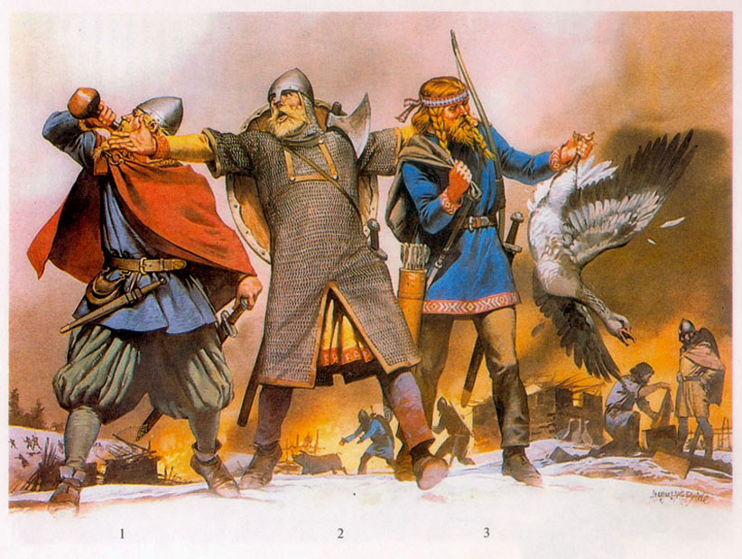 Воины-викинги (IX-X вв.): 1 - простой воин; 2 - знатный воин в длинной кольчуге и с двуручной секирой-брейдоксом; 3 - викинг-лучник.
