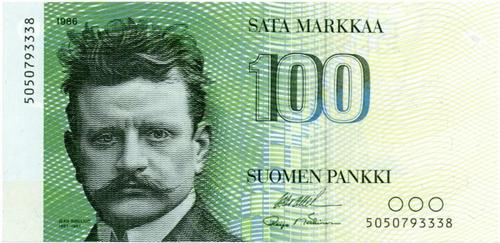 Портрет Сибелиуса украшал банкноту достоинством 100 финских марок до введения в Финляндии евро.