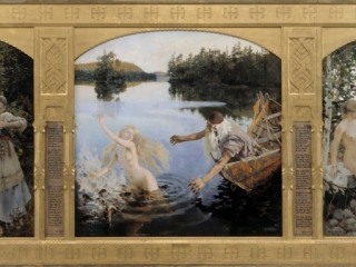 "Легенда об Айно" (триптих), 1891 г., художник Аксели Галлен-Каллела. В средней части показано разочарование мудреца Вяйнямейнена, от которого, в ужасе сбегает девушка Айно. 