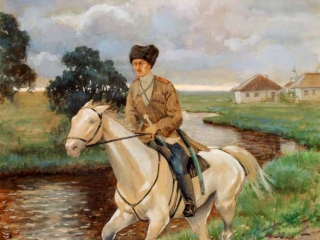О. Романова. Портрет Николая Куликовского, второго мужа Княгини Ольги, верхом на коне в казачьей униформе. 1915. Бумага, акварель.