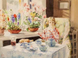 О. Романова. Ксения, внучка Княгини Ольги, завтракает. 1948. Бумага, акварель.