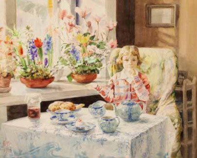О. Романова. Ксения, внучка Княгини Ольги, завтракает. 1948. Бумага, акварель.