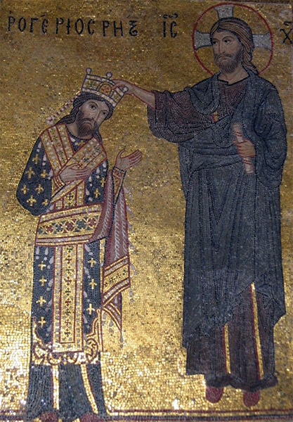 Иисус Христос, благословляющий Роджера II, короля Сицилии (мозаика в церкви Санта -Мария дель Аммирале, Палермо)